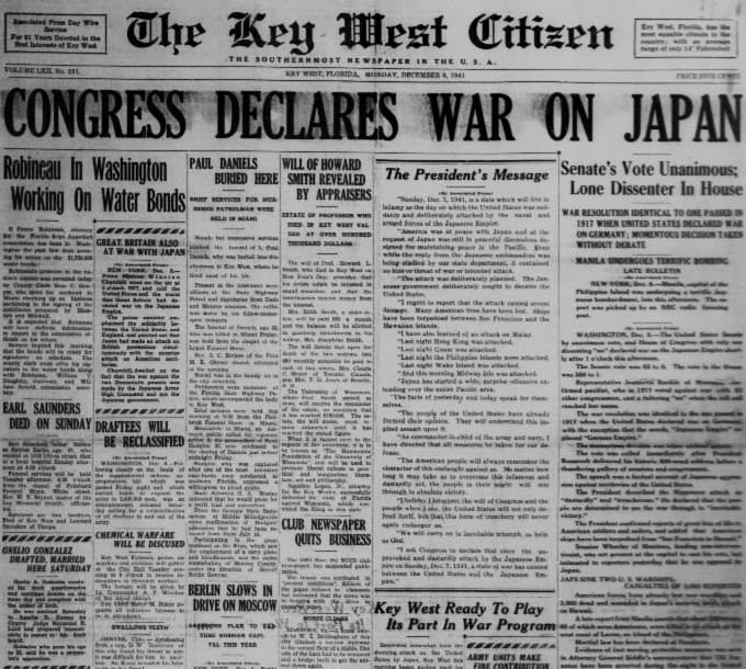 Digitized Copy of The Key West Citizen with a headline that reads "Congress Declares War on Japan."
