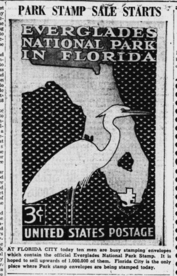 Photograph of Everglades National Park Stamp from the U.S. Post office. It features a drawing of Florida with a drawing of a standing crane in front of the state. The area the park occupies is outlined on the map. The stamp cost 3 cents.
